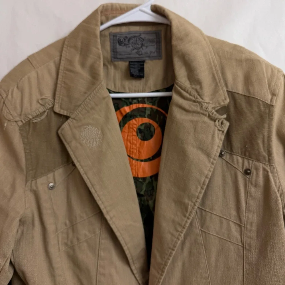 Caffeine Culture VTG Y2K Mens Tan Utility Jacket Blazer Elbow Patch Camo Lined L